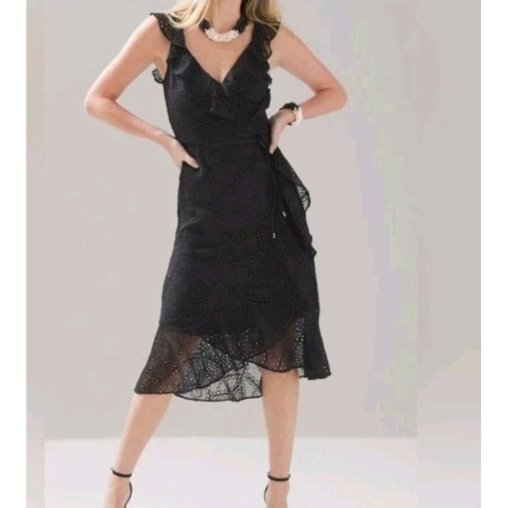 White House Black Market Black Eyelet lace Midi dress Fairygoth Coquette Sz 12